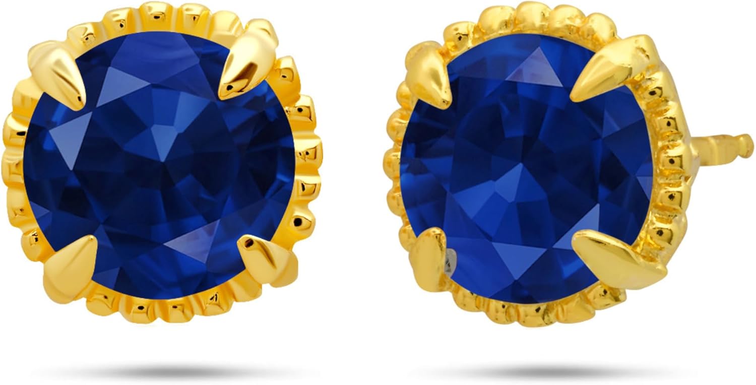 Blue Sapphire Stud Earrings Women 14k Yellow Gold Sapphire Earrings Women September Birthstone Earrings Studs 925 Sterling Silver Lab Created Sapphire Jewelry Women Round Gemstone Set Hypoallergenic