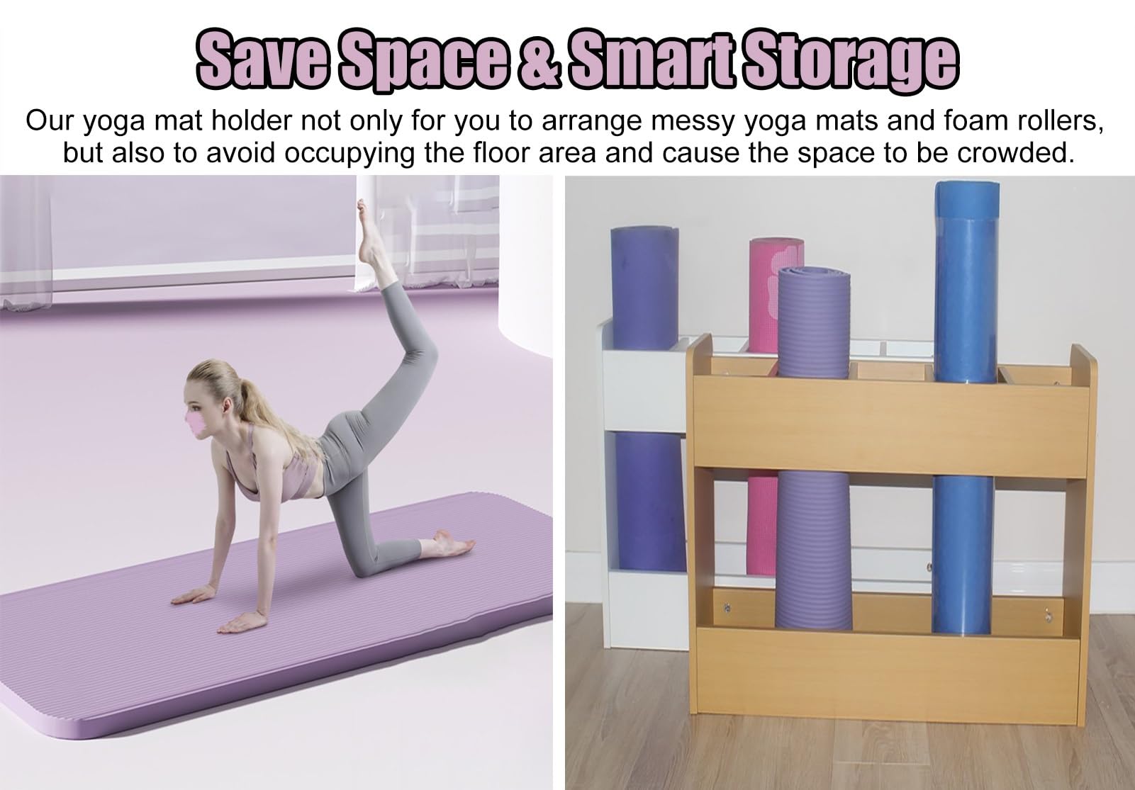 Soporte para Esterilla de Yoga para el hogar, Soporte para Esterilla de Yoga, Cesta de Madera Natural para Esterilla de Yoga, Rodillo de Espuma, Pesas Rusas, Bloques de Yoga, Raquetas de bád