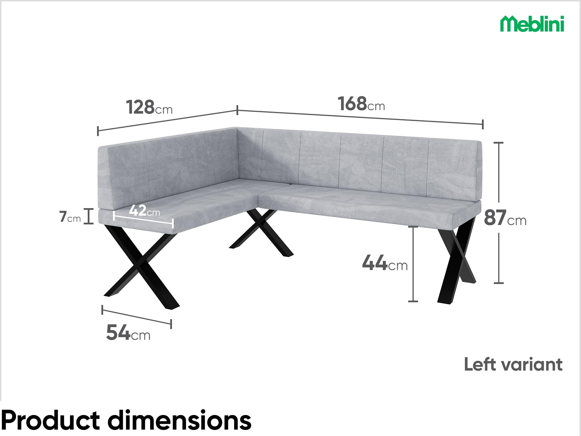 MEBLINI Eckbank für Esszimmer - Küchenbank - Essecke - Sitzecke Küche - Peter - X-Beine 128x168x87cm Links - Hellgrau Samt