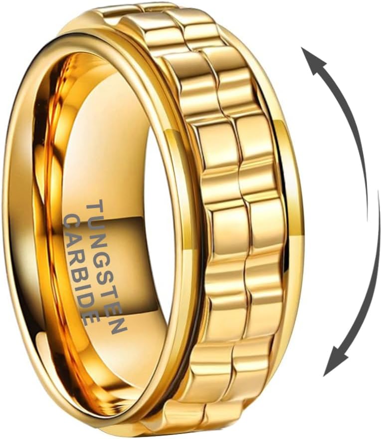 8mm Silver/Black/Gold Tungsten Titanium Spinner Rings for Men Women Anxiety Released Promise Engagement Wedding Bands Stepped Polished Shiny Comfort Fit