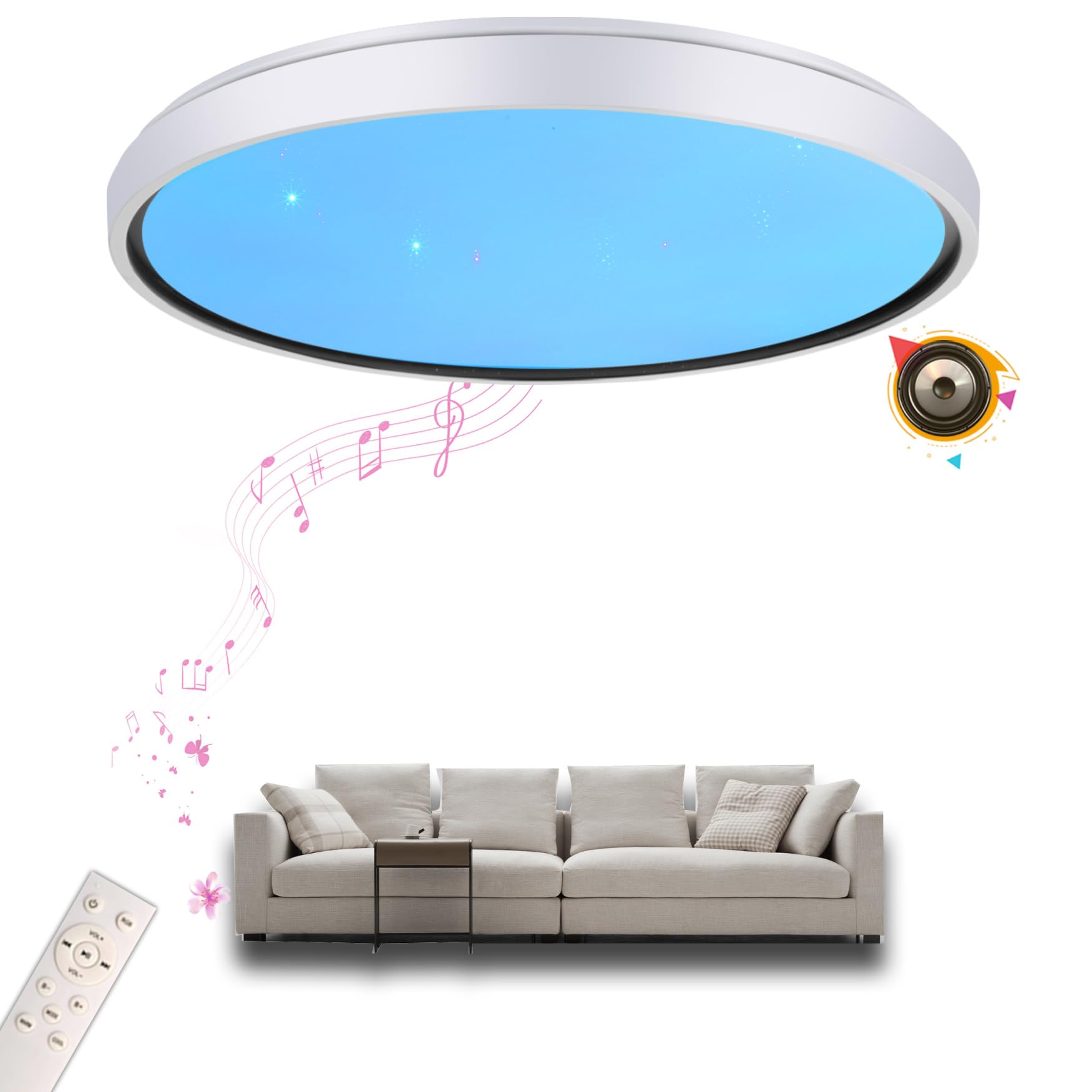 chysongoods-BK LED Music Ceiling Light with Bluetooth Speaker Φ40cm 45W Voice and APP Control Compatible with Alexa/Google Home RGB Color Changing Dimmable Color Adjustment with Remote Control