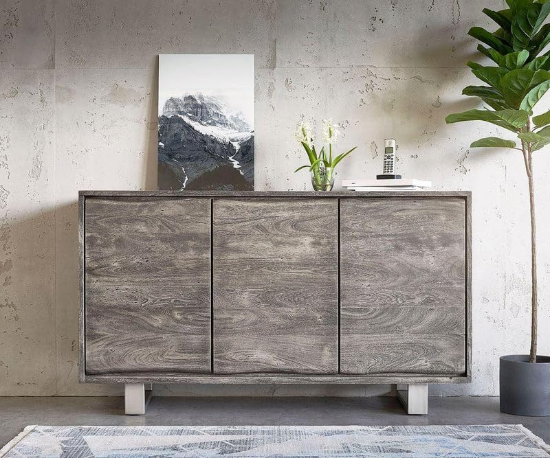 Image of Wooden Sideboard Cabinet for Living Room, Kitchen| 3 Door & 4 Shelf Storage Sideboard Sheesham Wood (Grey)