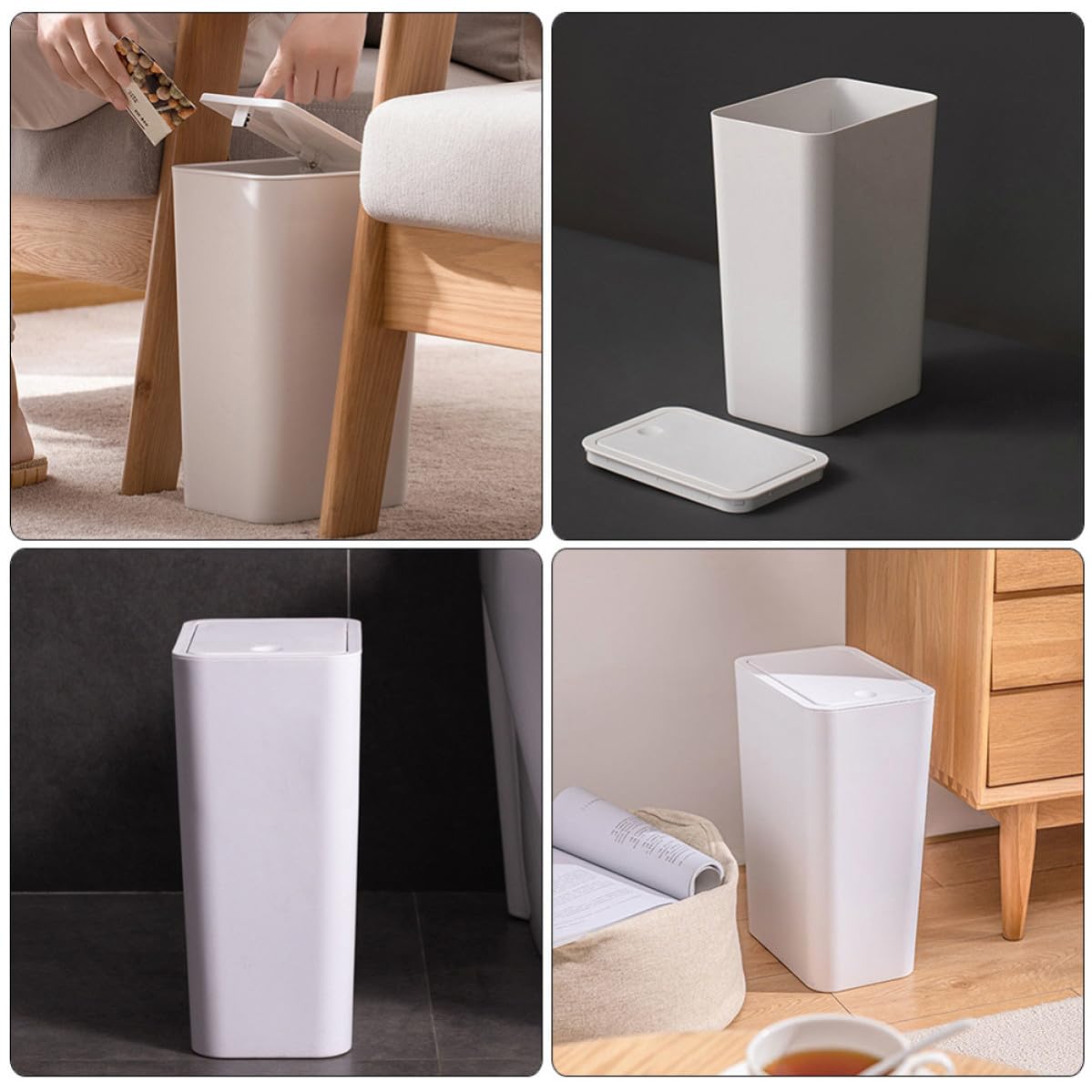 Modern Plastic Trash Can with Lid for Home and Office, White Garbage Bin with Press Pedal, Sturdy Plastic Wastebasket Convenient for Daily Life and Recycling