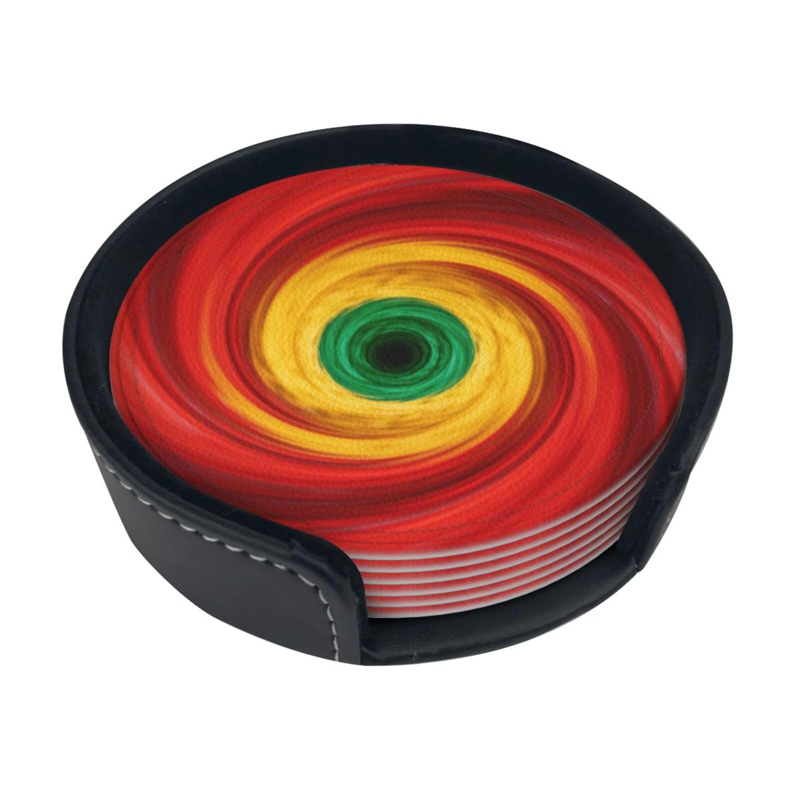 Cntdbu White Spiral Three Color Leather Coasters Set Of 6-Pu Leather Drink Mats For Table, Heat Resistant Round Coasters With Holder