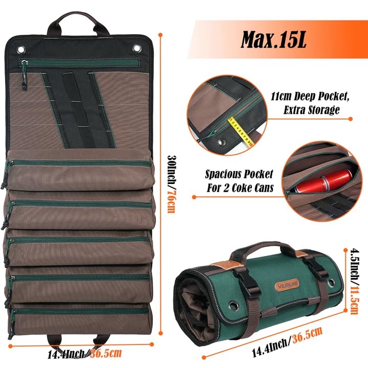WELKINLAND-15-Pocket-Tool-Roll-Heavy-Duty-Green-RipStop-15L-Capacity-Easy-Access-Roll-Up-Tool-Bag-Fully-Opened-Roll-Up-Tool-Pouch-Durable-Tool-Wrap-Roll-Tool-Roll-Bag-Organizer-For-Mechanic