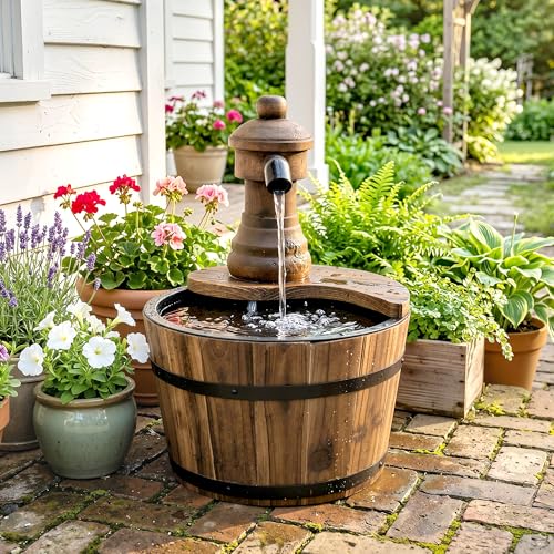 Miniatura 7 de Outsunny Fuente De Agua De Madera Fuente De Jardín En Cascada Con Bomba Eléctrica Y Salida De Agua Ajustable Para Decoración Patio Terraza 27x27x37 Cm Natural
