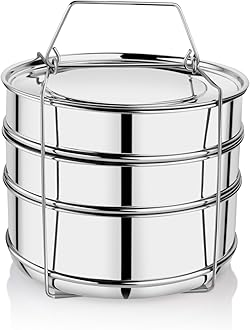 Embassy Stainless Steel Cooker Separator | Suitable for 5 litres Prestige Deluxe Plus Outer Lid Pressure Cookers | 3 Containers with Lifter | Dimension - 17x17x15 cm