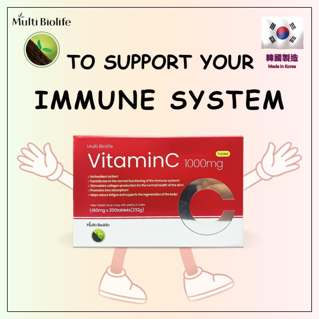 Vitamin C 1000mg (200 Tablets) - Supports a Immune System & Anti-oxidant Protection | Gluten Free - Made in Korea