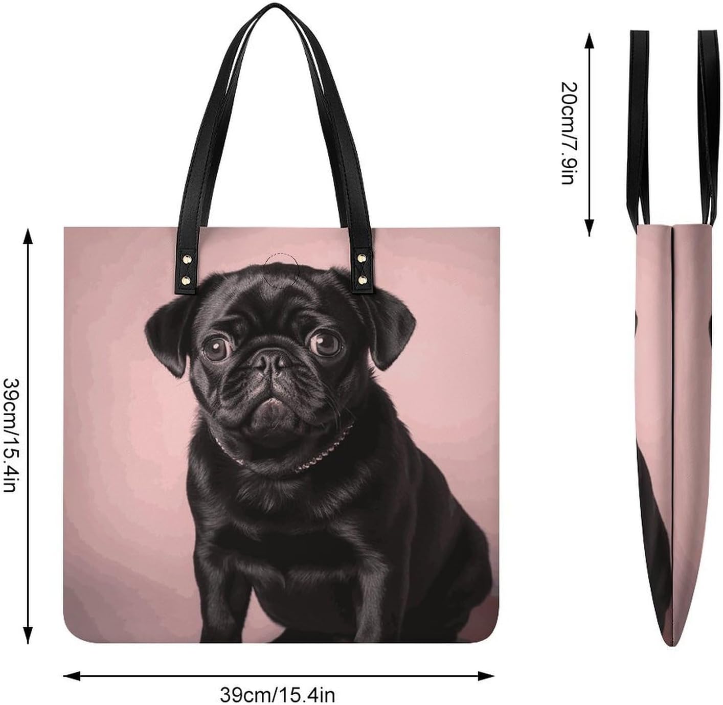 Cute Black Pug Handbags Large Capacity, Tote Bag Stylish Slouchy, Shoulder Bags for Work Beach Travel And Shopping Grocery.