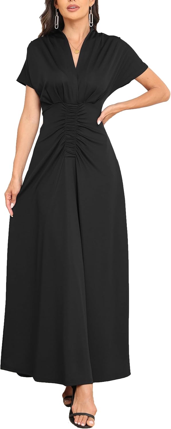 Size M Women's 2024 Summer Short Sleeve V Neck Wrap Ruched A-Line Wedding Guest Cocktail Party Flowy Maxi Dress Medium Black