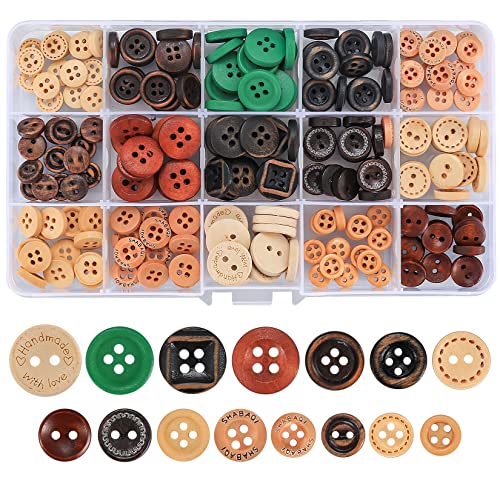 225 Pièces Boutons en Bois, 4 Trous et 2 Trous Boutons en Bois de Couture Naturel, 15 Styles Petits Boutons Ronds pour Artisanat Couture Aiguilles à Tricoter Bricolage Cover