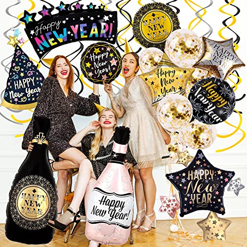 22Pcs New Years Decorations 2023 New Years Eva Party Supplies Happy New Year Foil Balloons Gold Confetti Balloon Hanging Swirls For 2023 New Years Eve Party Decorations #TOP25