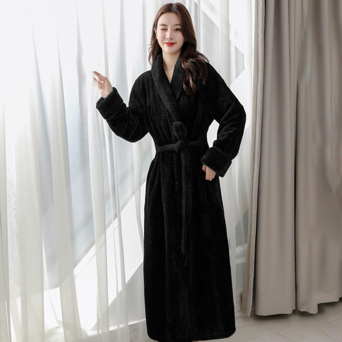 Szlafroki Damskie Szlafrok Męski Flanelowe Koszule Nocne Damskie Ciepłe Szlafroki Z Długim Rękawem Koszula Nocna Ciepła Bielizna Nocna Z Kieszenią(/Black,3XL)