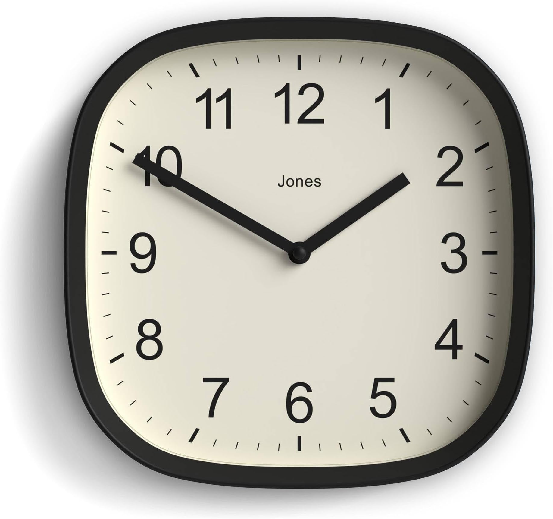 Jones Clocks® Sprite wall clock | Modern retro rounded square clock | 25cm | Black | Easy to read numbers | Perfect for kitchen or office