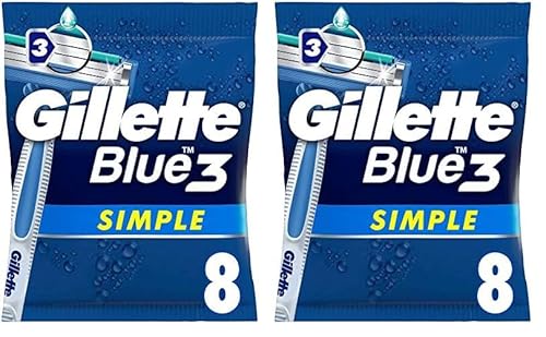 Gillette Blue 3 Simple Einwegrasierer Männer, 8 Rasierer mit 3-fach Klinge, fixierter Klingenkopf, Feuchtigkeitsstreifen (Packung mit 2)