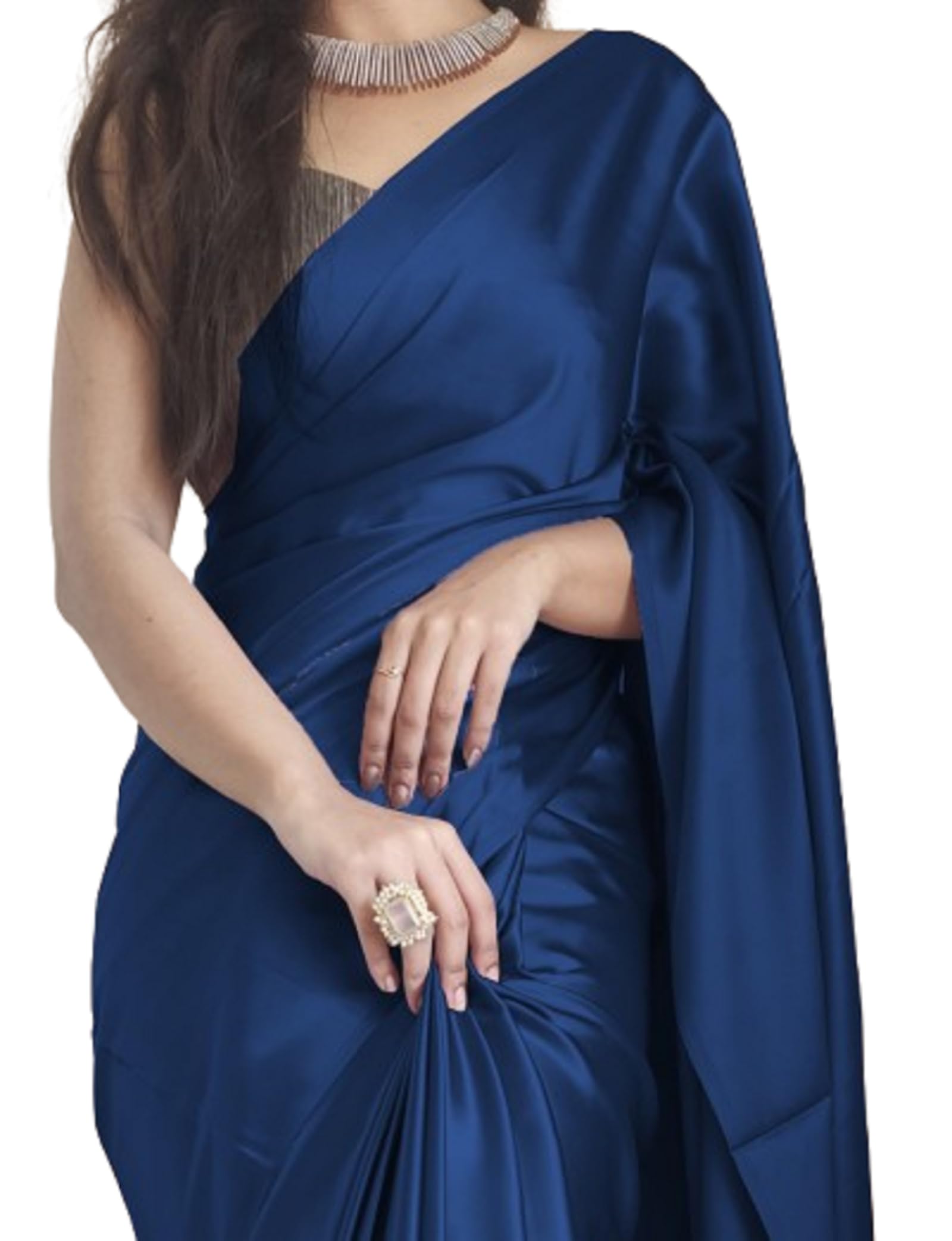 Women's Ready to Wear Plain Dark Blue Satin Silk 1 Minute Pre Pleated Saree With Dark Blue Unstitched Blouse-image-40