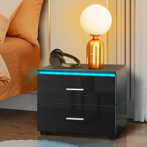 HOMMPA Mesita de noche pequeña con 2 cajones, mesita de noche LED negra, mesita de noche moderna con luz LED para dormitorio de niños, mesa de noche disponible en Yaxa Peru