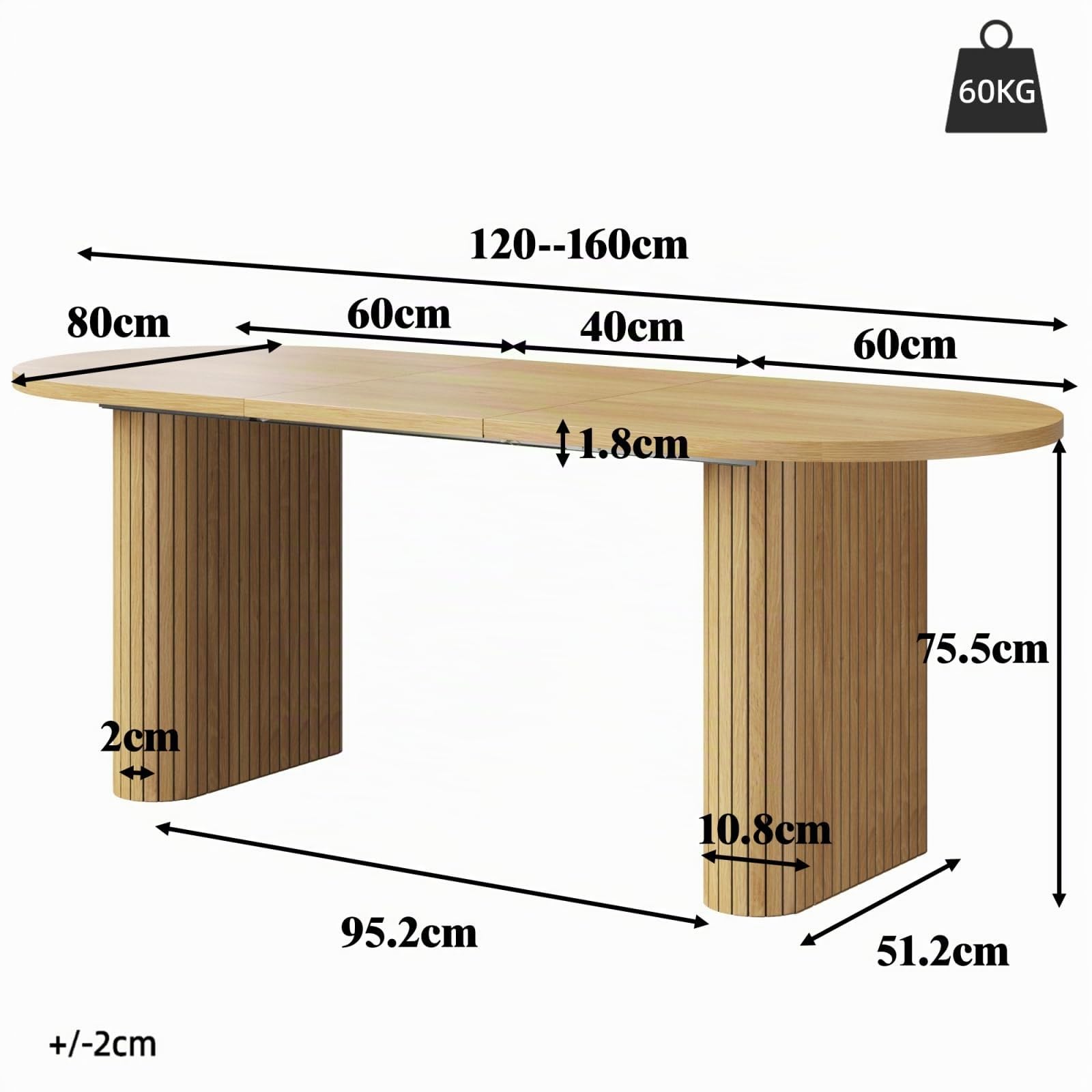 YEHTOKHOME Table à Manger Ovale Extensible 120-160cm, avec Pieds Elliptiques, Table de Cuisine avec Plateau en MDF, Coins Arrondis, Style Ferme Moderne, pour 4 à 6 Personnes (Chêne-2)
