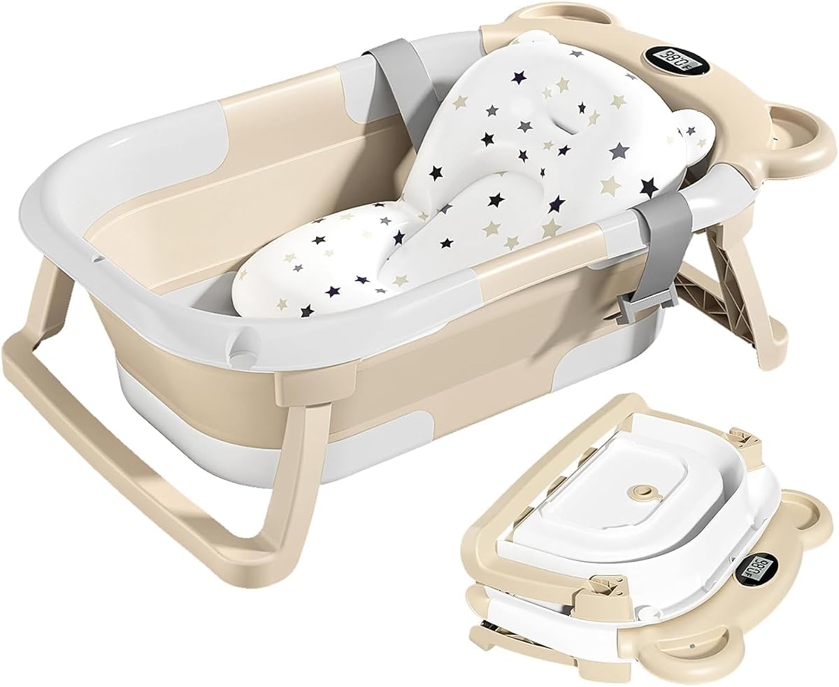 TPN Bañera Plegable para Bebés, Bañera para Bebés con Cojín Suave y Termómetro en Tiempo Real, Bañera para Bebés para Bebés a Niños Pequeños (0-36 Meses), Bañera Portátil para Viajes para Recién Nacidos
