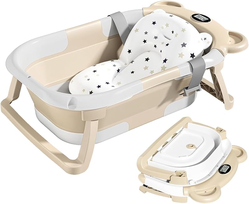 TPN Bañera Plegable para Bebés, Bañera para Bebés con Cojín Suave y Termómetro en Tiempo Real, Bañera para Bebés para Bebés a Niños Pequeños (0-36 Meses), Bañera portátil para Viajes para Recién Nacidos