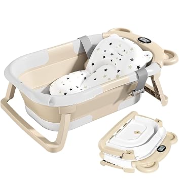 TPN Collapsible Baby Bathtub, Baby Bath Tub with Soft Cushion & Real-Time Thermometer, Baby Bathtub Infant to Toddler Tub 0-36 Months, Portable Newborn Travel Bath Tub