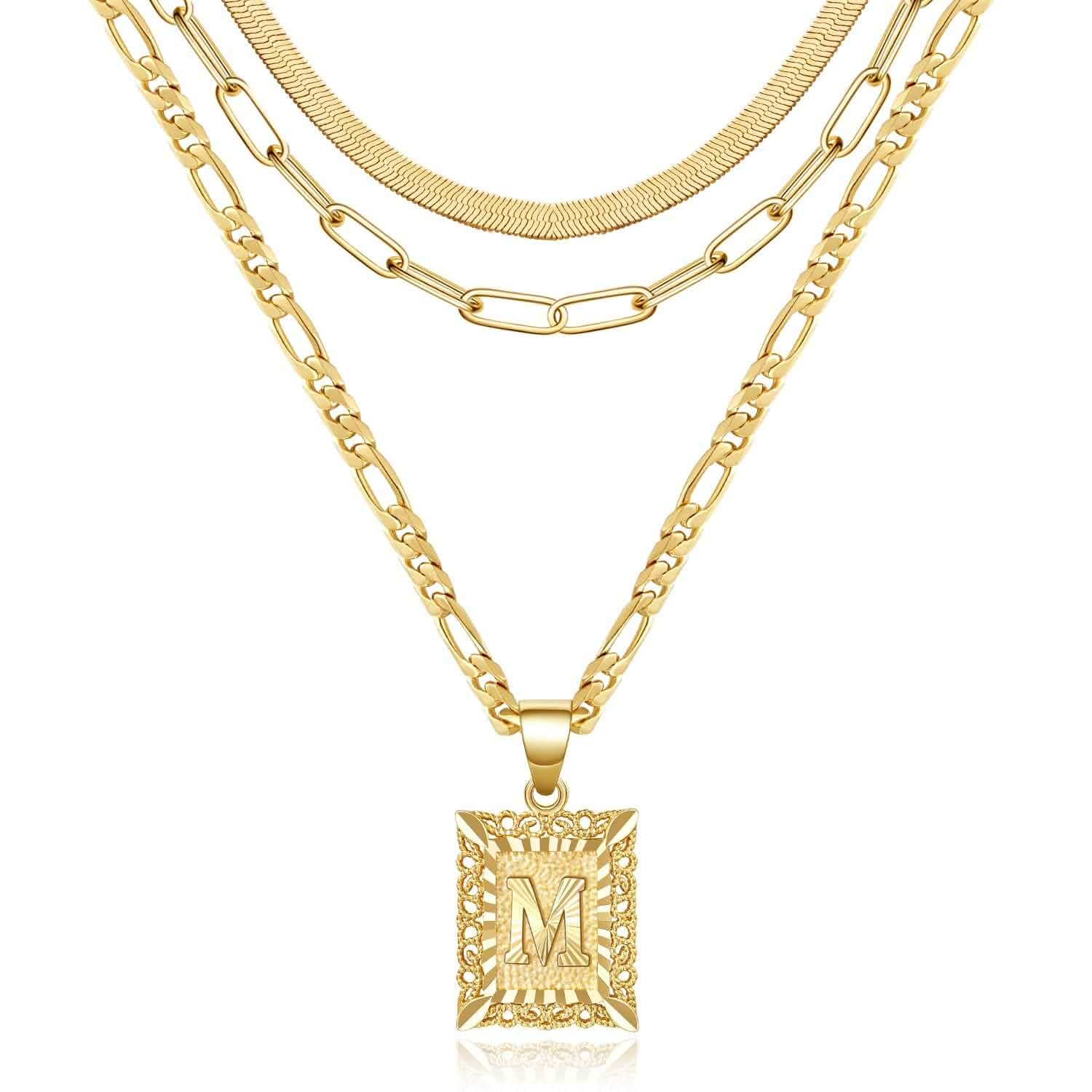 KissYan Gold Layered Initial Necklace Set for Women 14K Gold/White Gold Plated Letter Pendant with Paperclip Snake Figaro Choker Chain, Alphabets from A-Z Jewelry Gifts