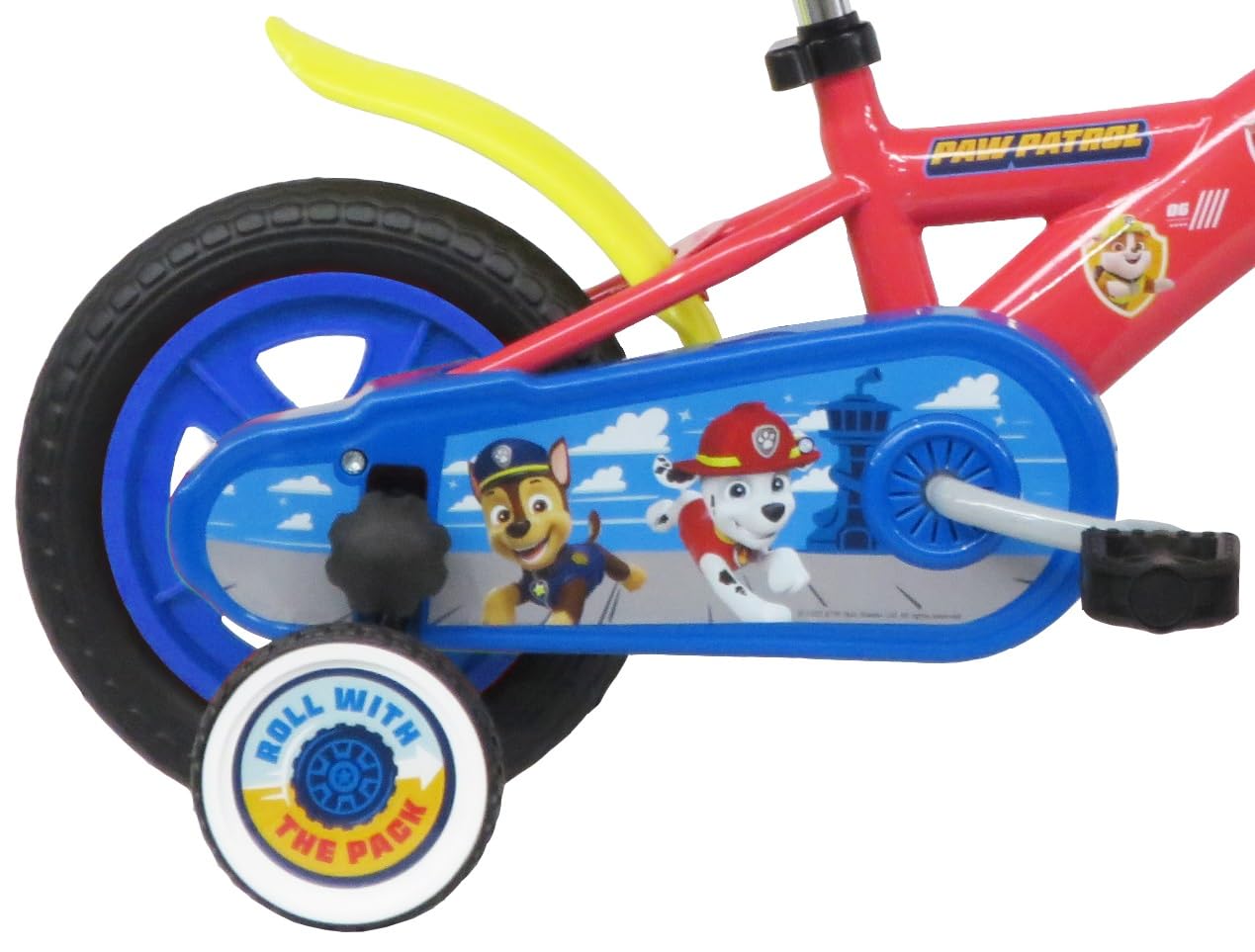 A.T.L.A.S. Vélo 10'' Enfant Pat Patrouille équipé de 1 Frein avec Plaque Avant décorative, Garde Boue, Carter, Roues bâtons & 2 stabilisateurs, Rouge identique aux Photos