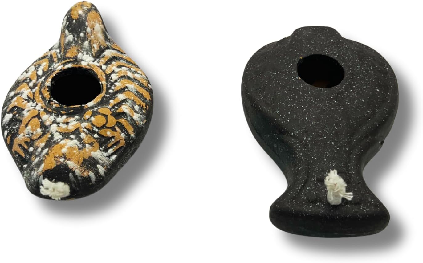 10 Replica Ancient Clay Oil Lamps with Wicks - Herodian Holy Land Lamps for Olive Lamp Oil - Biblical Judaica/Christian Holy Water for Ceremonies, Prayer & Decor (Dark)