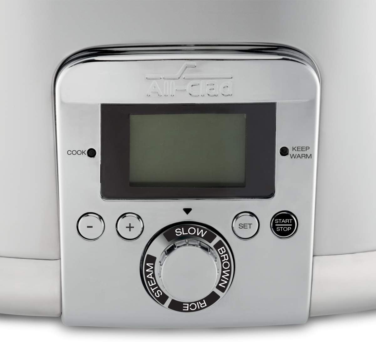 Close-up view of the All-Clad slow cooker's control panel, showing the digital display, mode dial (Slow, Brown, Rice, Steam), and control buttons.
