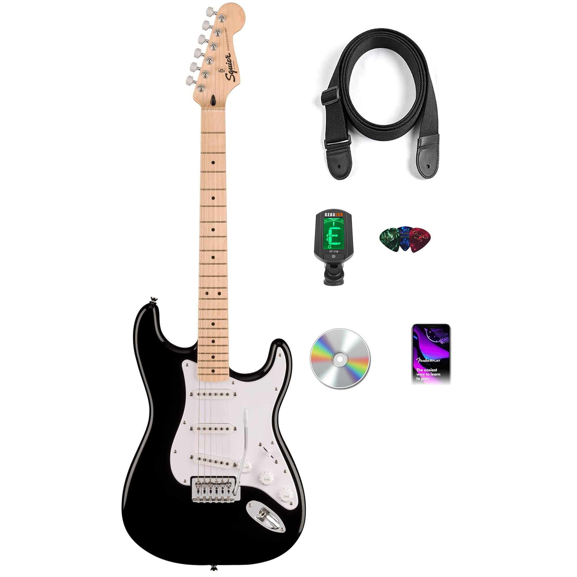 Fender Squier Sonic Stratocaster - Black Bundle with Tuner, Strap, Picks, and Austin Bazaar Guitar DVD