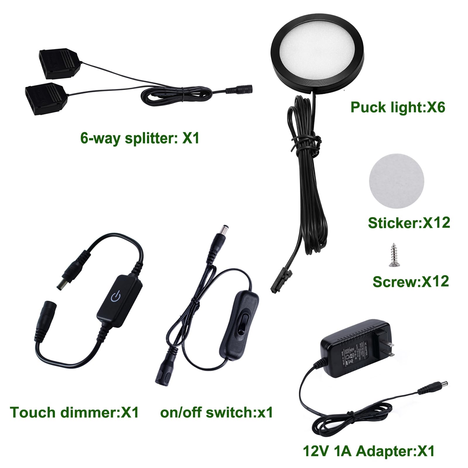 AIBOO Under Cabinet LED Black Cover Puck Lighting Kit with Touch Dimmer Switch for Kitchen Cupboard Closet Lighting (6 Lights,Warm White)