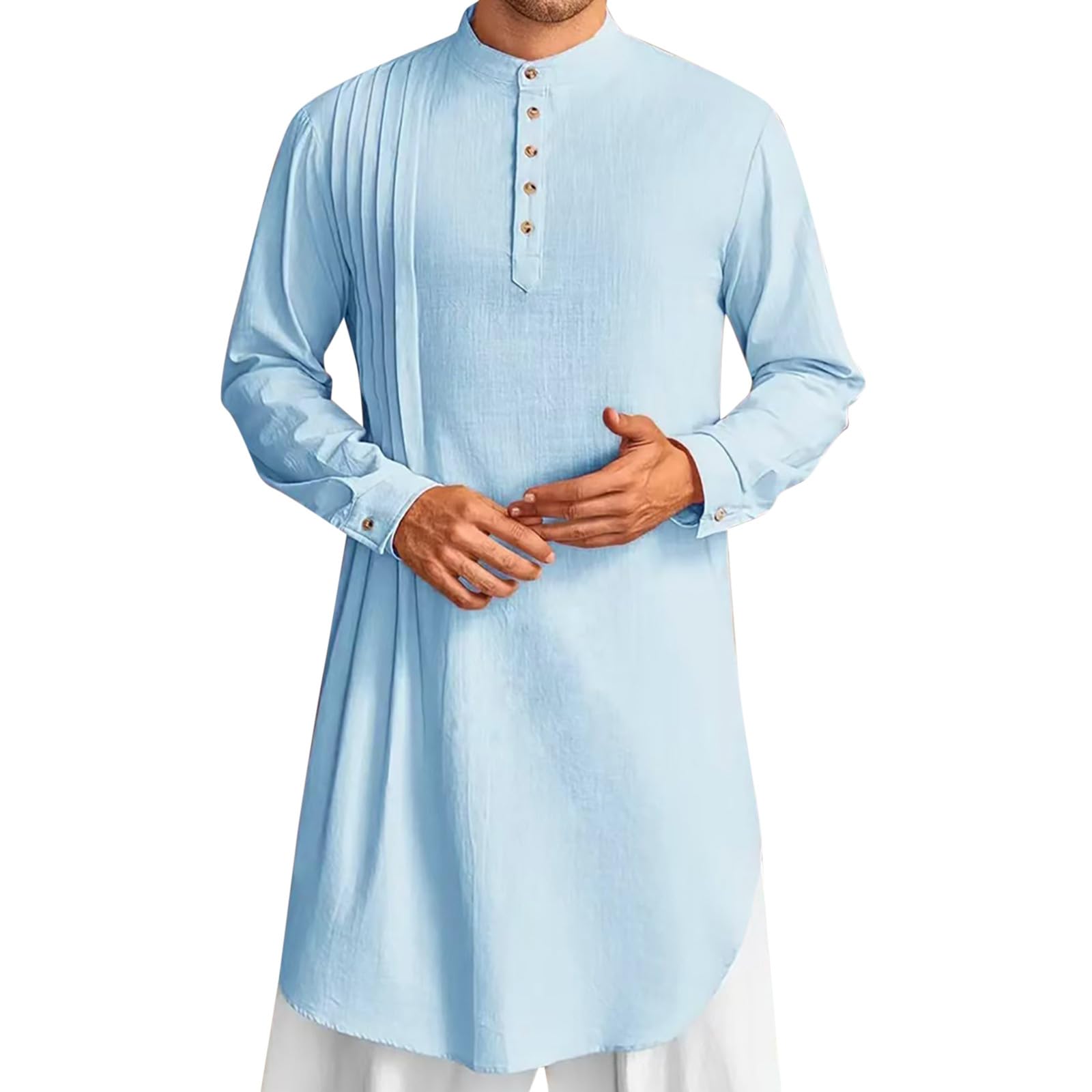 T-shirts à manches courtes pour homme - En lin - Manches longues - Caftan Thobe - Robe longue - Robe décontractée musulmane