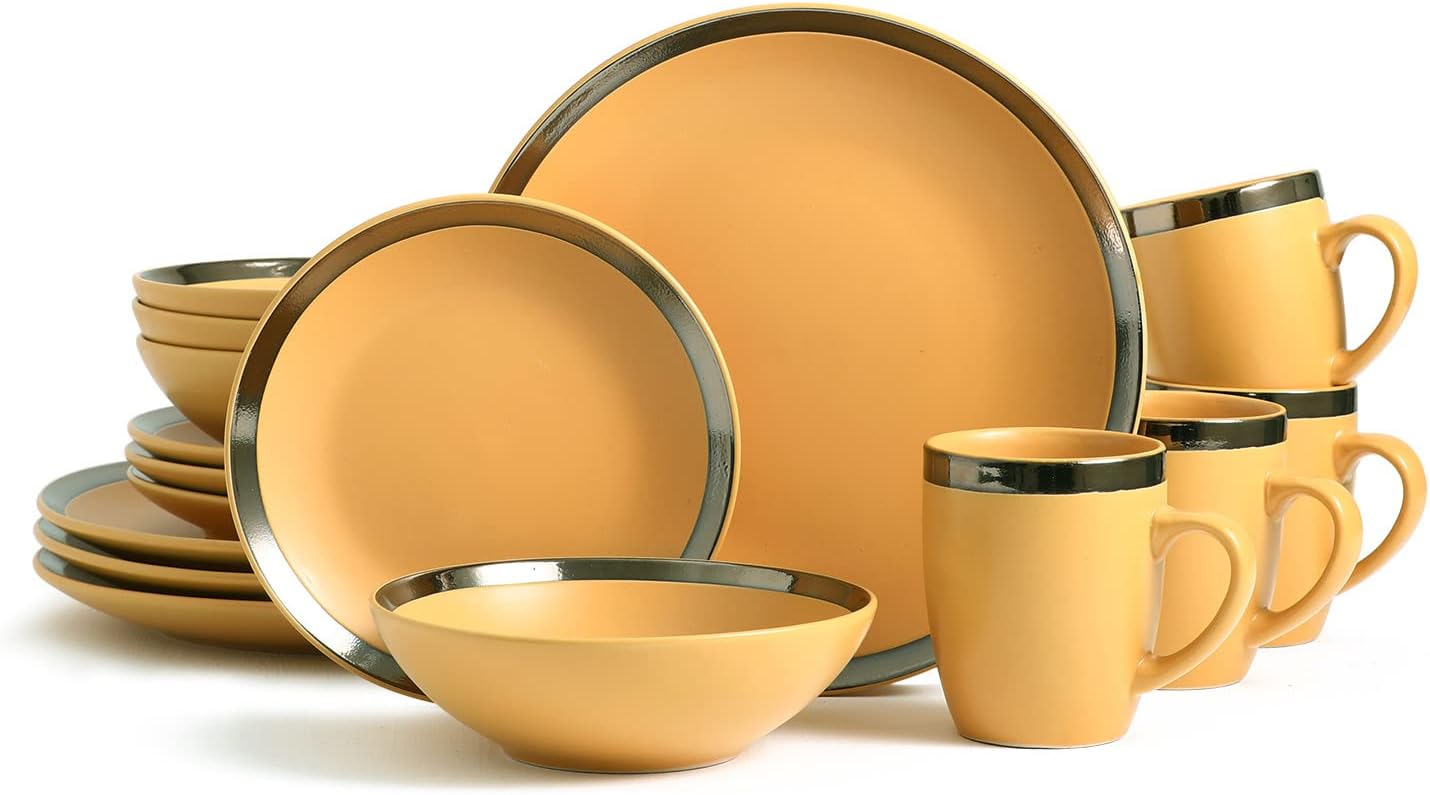 Bestone 16 Piece Round Kitchen Dinnerware Sets,Plates and Bowls sets,Dishes, Plates, Bowls, Mugs, Dish Set๏ผPlates and Bowls,Service for 4, Stoneware (round, green and gold rim)