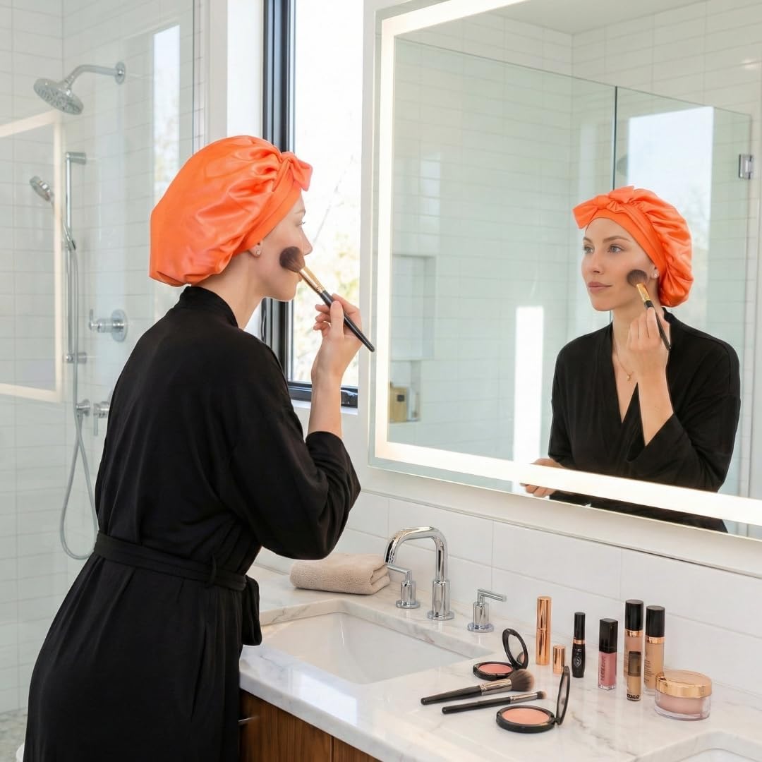 Small Orange Charmeuse Silk Satin Hair Bonnet with Stretch Ties, Vibrant Sleep Cap for Short Hair & Fine Textures Secure Fit for Waves, Curls, & Cornrows Anti-Slip Night Hat