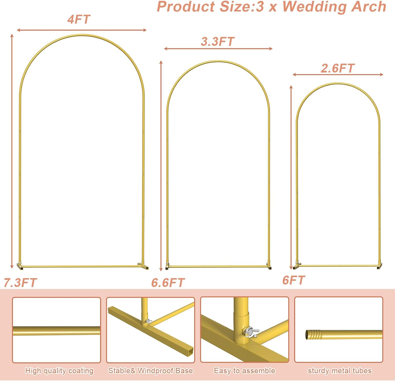 arch backdrop stand, set of 3 metal arch stand wedding arch frame 7.3ft, 6.6ft, 6ft balloon arch for birthday party baby shower wedding graduation ceremony decoration,gold