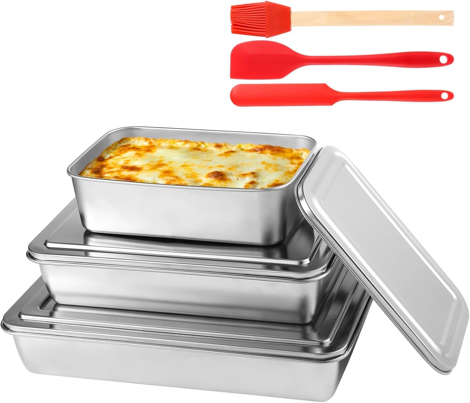 with Lids, Rectangle Baking Bakeware, Cake Baking Trays, Non-Stick Bread Loaf Pans, Rectangular Baking Pans, 3 Pcs Stainless Steel Cake Pans, 3 Sizes