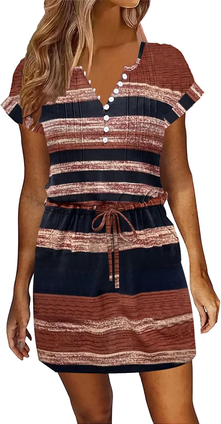 ETCYY Womens Summer Dresses 2026 Sundresses Beach Vacation Drawstring Waist Tshirt Short Sleeve Dress with Pockets