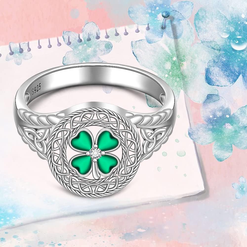 Shamrock Ring St Patricks Day Rings Four Leaf Clover Ring for Women Sterling Silver 925 Irish Shamrock Celtic Knot Green 4 Clover Jewelry Charm Prom Wedding Gifts Size 7 8 9 - Image 8