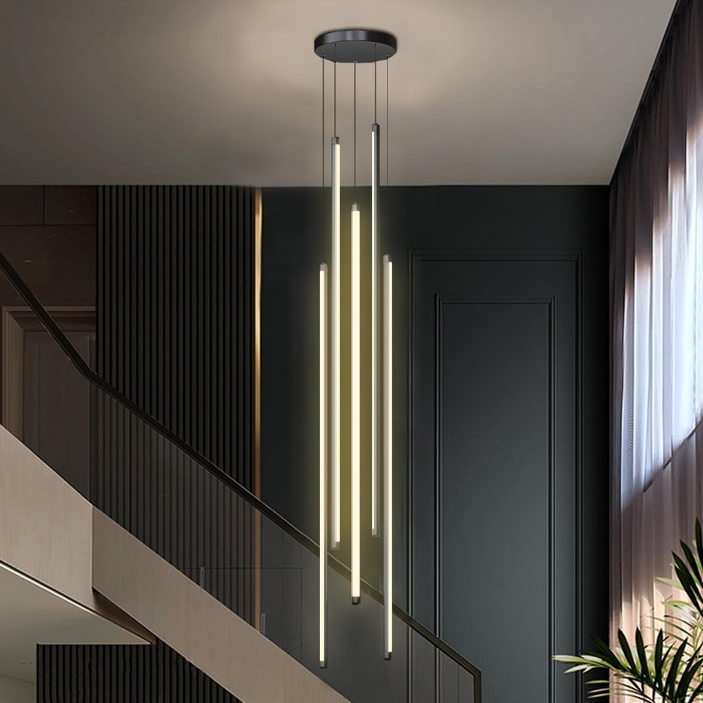 DOCJX LED Staircase Pendant Light Modern Rotating Long Chandeliers Dimmable Aluminum Hanging Ceiling Lighting Fixture Adjustable Villa Hollow Ceiling Light(Infinite dimming,5-head 100CM) — image 1