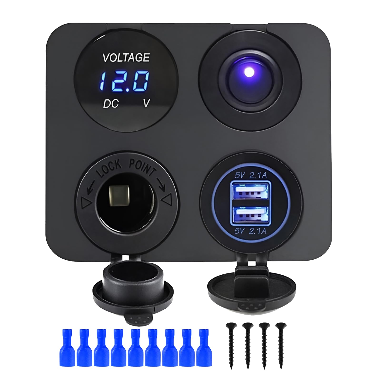 4 in 1 Pannello Caricabatteria da Auto USB 12V per Barca e Camper, Presa Marine Interruttore Pannello con Accendisigari da 240 W, Doppie Porte USB, Voltmetro a Led Blu E Interruttore a Bilanciere