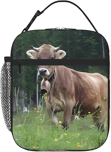 Miniatura 1 de DEHIWI Bolsa de almuerzo con diseño de vaca suiza real, color marrón, aislada, reutilizable, bolsa de comida para mujeres, hombres, trabajo, picnic,
