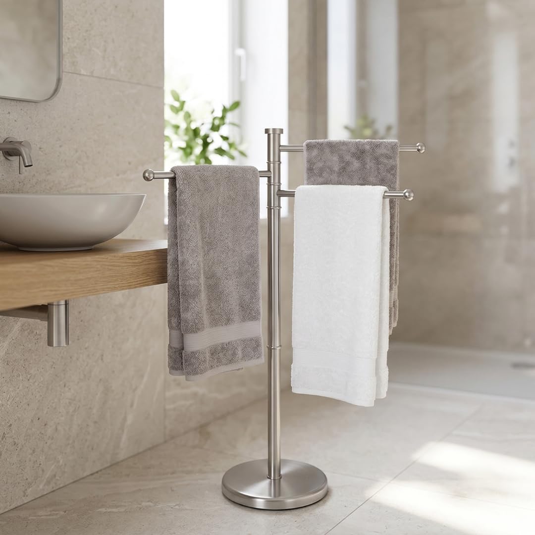 Piantana Portasciugamani da Terra in Acciaio con 3 Bracci Rotanti - Porta Salviette Bagno Salvaspazio Stabile e Antiruggine - Design Moderno in Argento Satinato 87x37x22 cm