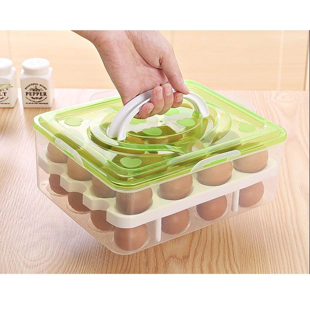Double Layer All in One Egg Storage Box/Food Storage Box/Vegetable Storage Basket/32 Grid Egg Holder with Tray Plastic Carrier Cases/Double Layer Egg Box(Multi-Color)