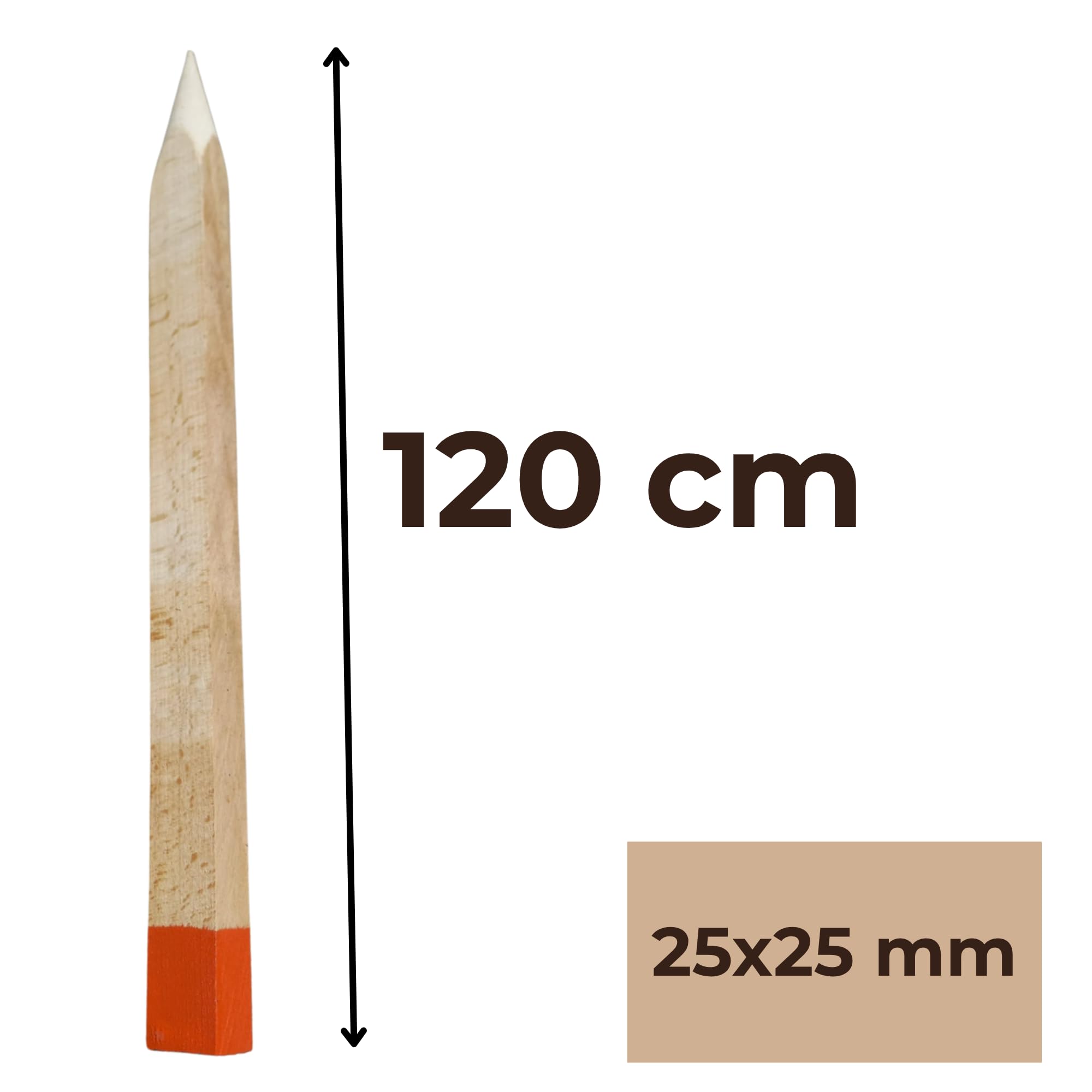 Paliki Geodezyjne Bukowe 2,5x2,5x120 cm – Zestaw 25 szt. – Kwadratowe, Strugane Drewniane Słupki, Pomarańczowa Końcówka – Do Geodezji, Budownictwa, Ogrodnictwa