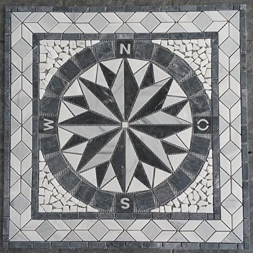 Antikmarmor Rosone 66x66cm Windrose Mosaik - Naturstein Fliesen Schwarz Weiß