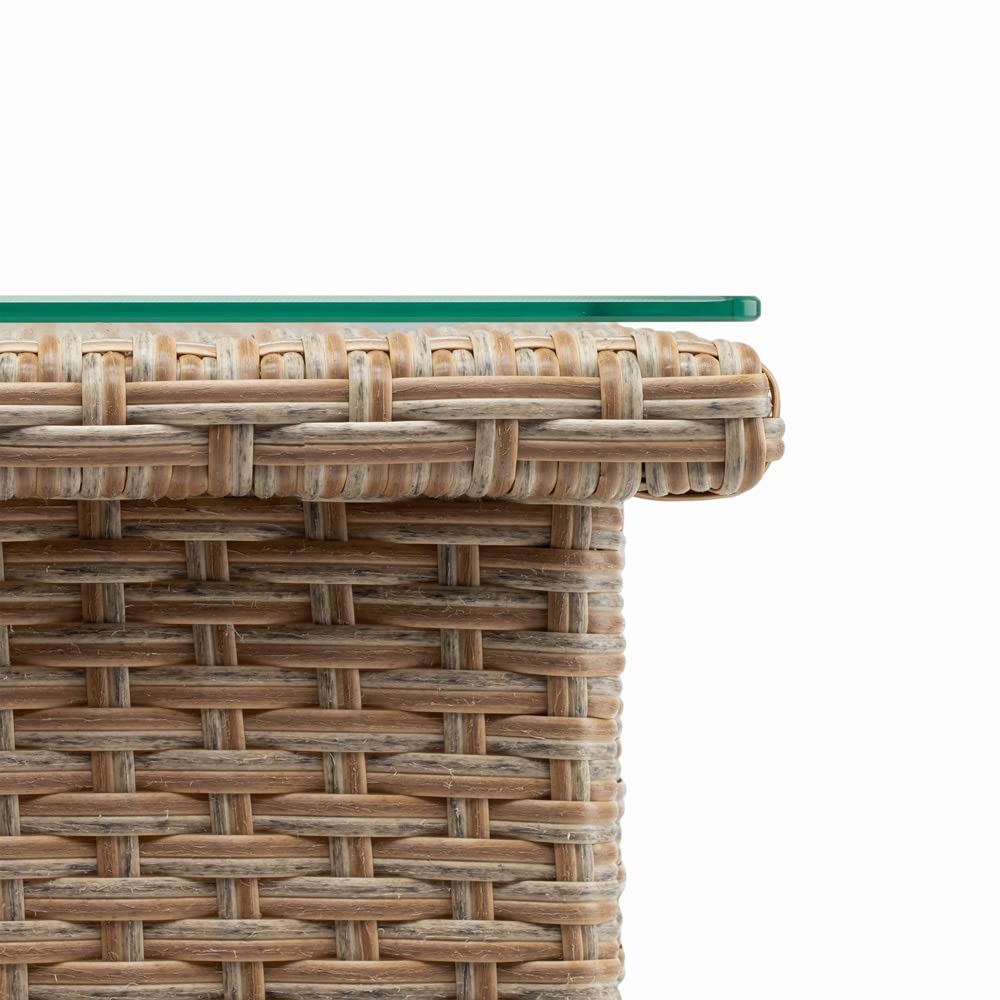 CASARIA® Mesita de Centro Poliratán 50x50x45cm Carga hasta 80Kg Mesa Auxiliar Jardín Ajustable en Altura Tablero Vidrio Resistente Intemperie Crema