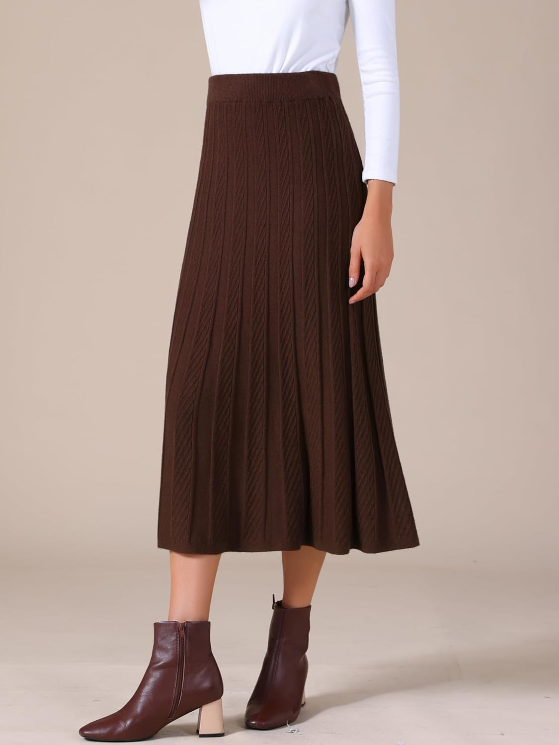 Allegra K Women's Sweater Skirts High Waist Pleated Casual A Line Knit Midi Skirt - Image 3