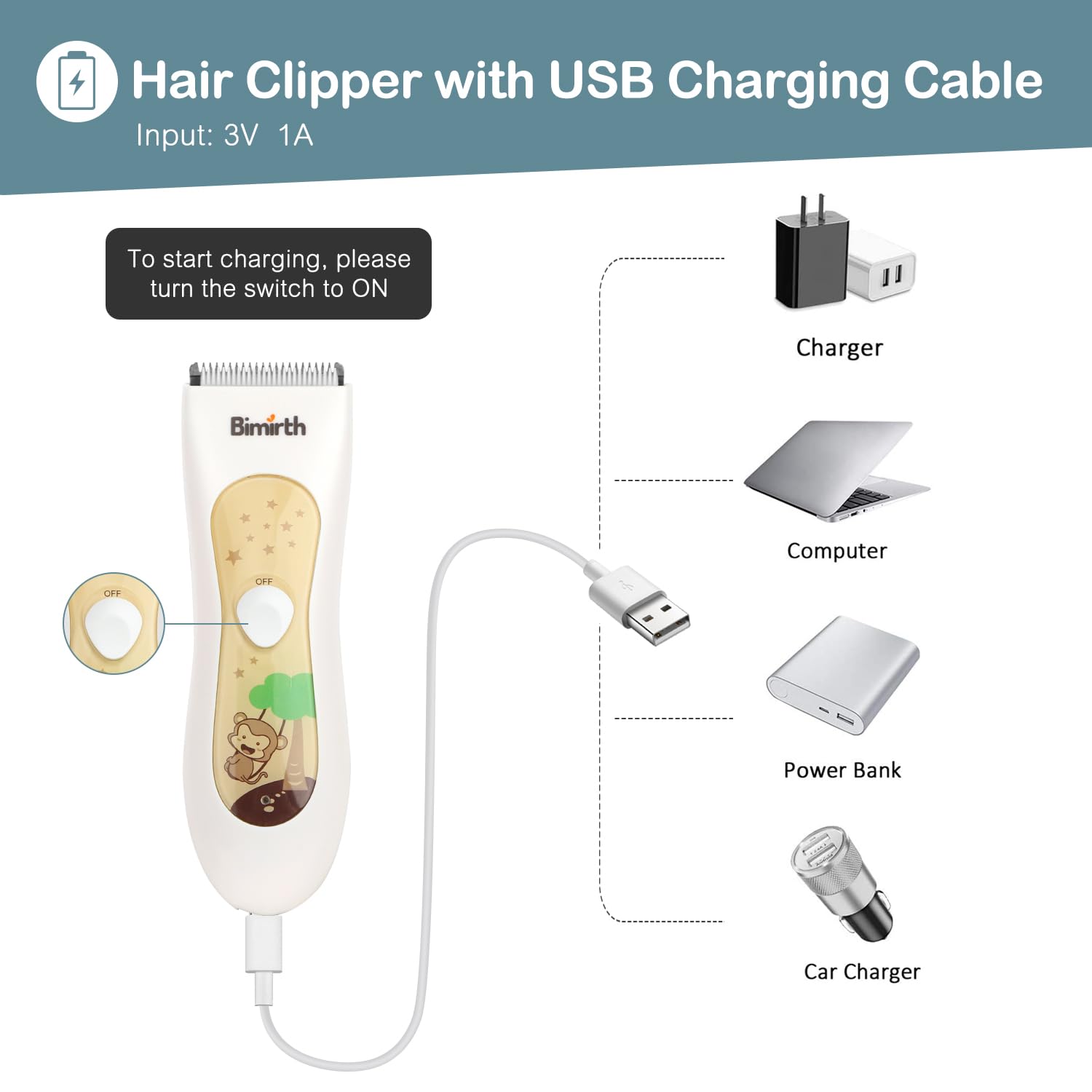 Bimirth Kinder Haarschneidemaschine, Leise Baby Haarschneider, USB Wiederaufladbare Haartrimmer für Baby mit Aufbewahrungstasche, Wasserdicht, 3 Führungskämme
