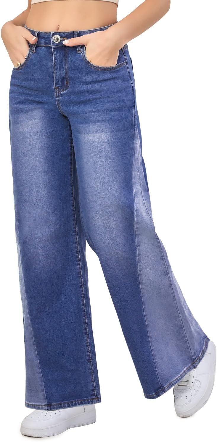 VIPONES Women's Wide Leg Jeans High Waisted Strechy Straight Baggy Jeans for Women Trendy Outfits Denim Pants with Patchwork - Image 6