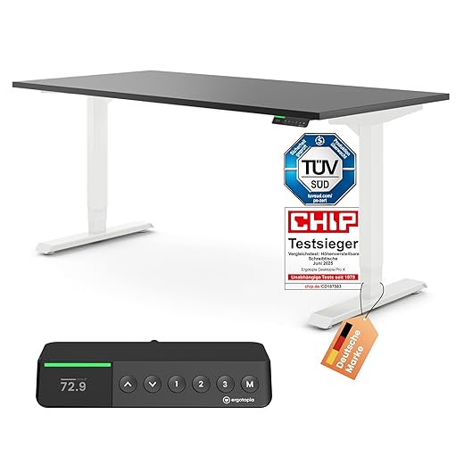 Ergotopia Desktopia Pro X Electric Height-Adjustable Desk, Ergonomic Standing Table for Office or Home Office (Black, White Frame, 180 x 80 cm)